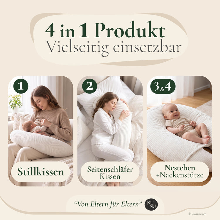 KUNU Stillkissen 4 in 1: Stillkissen, Seitenschläferkissen, Nestchen und Nackenstütze