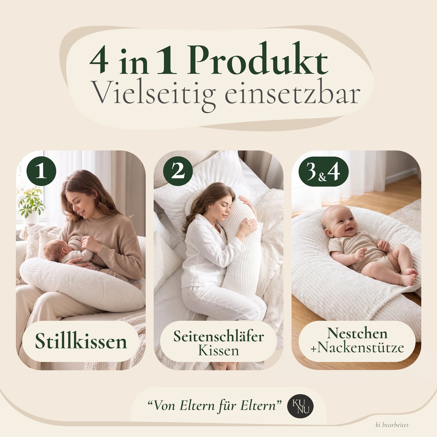 KUNU Stillkissen 4 in 1: Stillkissen, Seitenschläferkissen, Nestchen und Nackenstütze
