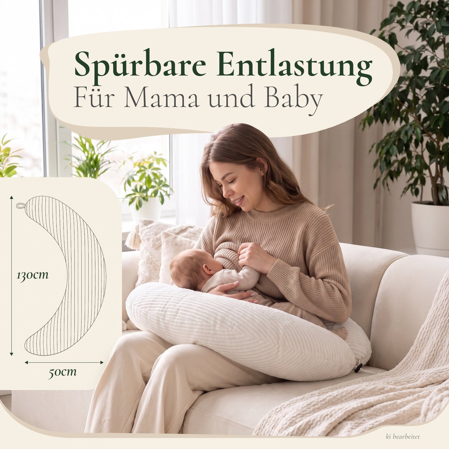 Mutter stillt ihr Baby mit dem KUNU Stillkissen – spürbare Entlastung, 130 × 50 cm